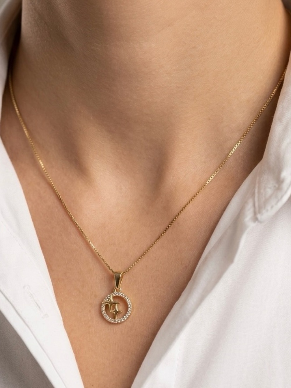 14K Gold Plated Celestial Star Circle Necklace CZ Cubic Zirconia Dainty Charm⁠